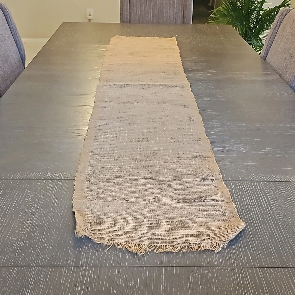 VINTAGE 2 piece Runner Tan Burlap w Fringe & Brown Weave. 72